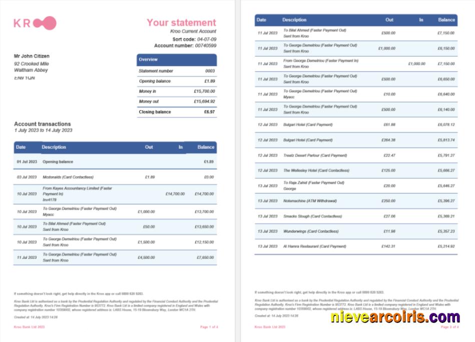 United Kingdom Kroo bank statement Word and PDF, 4 pages 1 2